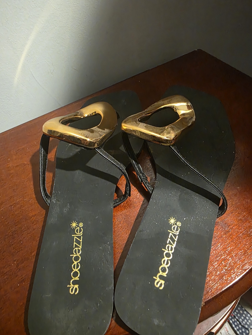 Shoe Dazzle Black Sandals with Gold Accents